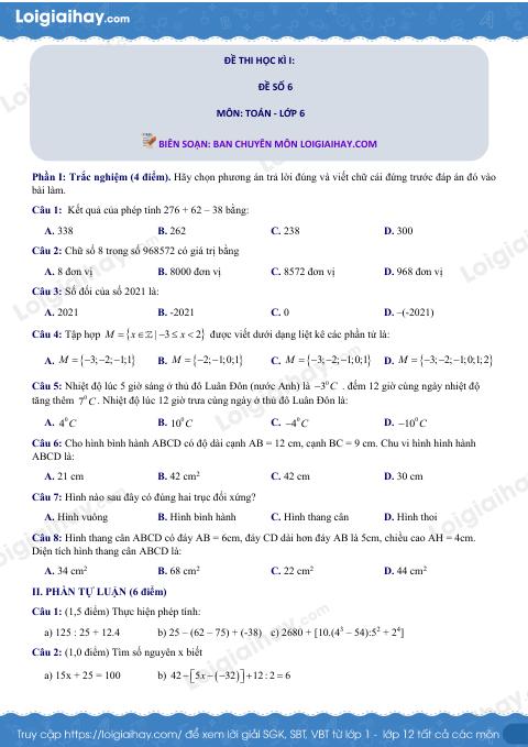 Đề thi học kì 1 Toán 6 - Đề số 6